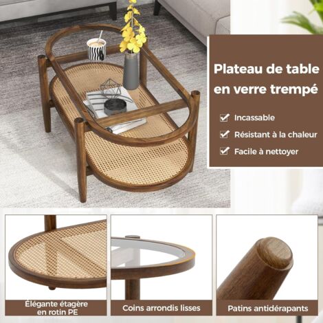 VVSHRIV Table Basse Rectangulaire 107 Cm Rotin PE Et Bois Massif - Style Unique Pour Salon