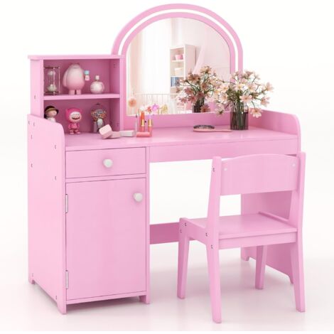 Costway – Coiffeuse enfant avec miroir acrylique et 120 lumières LED – 2 étagères et tiroir – Charge 50kg – Dimensions 80x41x94cm – Rose (1/5)