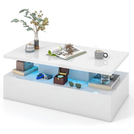 COSTWAY Table Basse LED, Table Basse Salon 20 Lumières Réglables AVCE Télécommande, 19 Modes Dynamiques, 8 Luminosité, Table Basse Noire Rectangulaire (Blanc) (1/5)