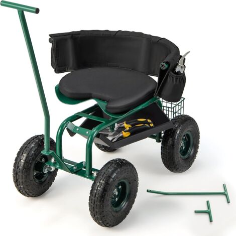 COSTWAY Siège de Jardin Roulant avec 2 Poignées de Direction, Chariot Jardinage Réglable en Hauteur avec Siège Pivotant à 360° Coussin Panier Plateau à Outils, 90 x 59 x 106 cm, Vert