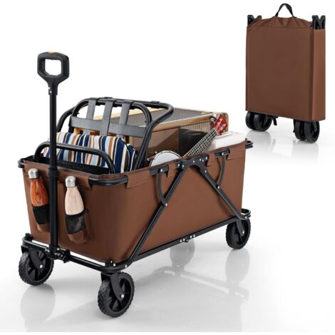 COSTWAY Chariot de Plage Pliable 170 L, Chariot de Transport avec Guidon Réglable et Poche de Rangement Porte-Bouteilles, Chariot Utilitaire Extérieur pour Jardin Camping Pêche (Café)