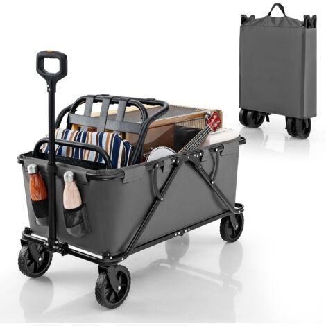 COSTWAY Chariot de Plage Pliable 170 L, Chariot de Transport avec Guidon Réglable et Poche de Rangement Porte-Bouteilles, Chariot Utilitaire Extérieur pour Jardin Camping Pêche (Gris)