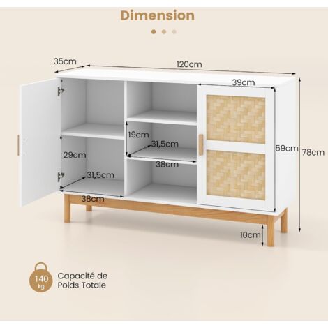 Meuble TV En Bois Style Bohême 120 Cm - 2 Tiroirs Bambou Tressé, 2 étagères, Pour Téléviseur Jusqu'à 55 Pouces