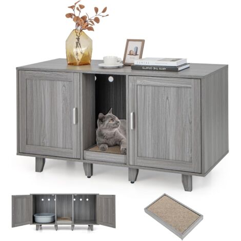 Costway – Maisonnette pour chat en bois – Toilettes cachées à double portes – Griffoir intégré – Pieds surélevés amovibles – 120 x 52 cm – Chêne gris