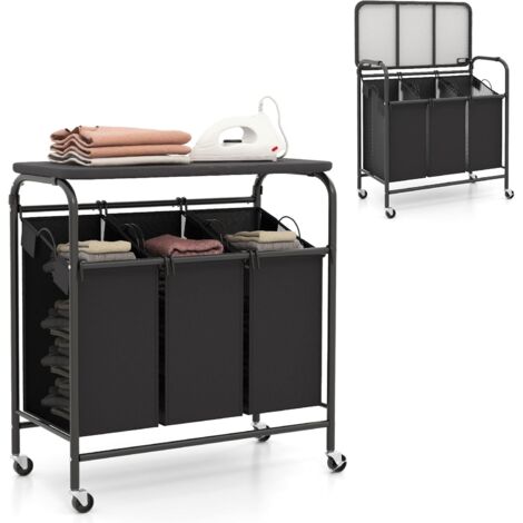 Costway – Panier à linge 3 compartiments 33L – Sacs en tissu Oxford imperméable – Planche à repasser intégrée – Déplacement facile sur roulettes