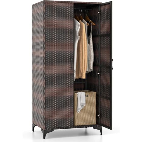COSTWAY Armoire de Rangement, Armoire Intérieure en Osier PE, 4 Compartiments, Armoire Tringle Penderie, Armoire Extérieure sur Pied en Rotin, Design Cannage Respirant, 72 x 50 x 157 cm (Marron) (1/5)