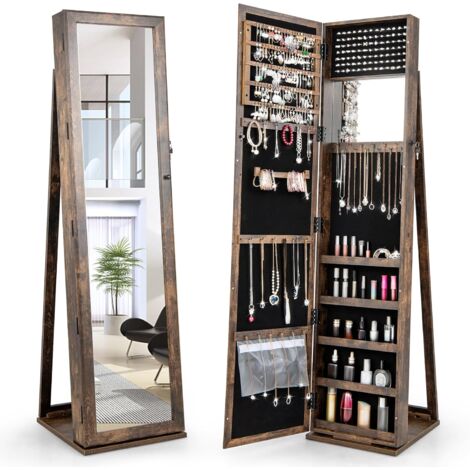 Costway – Armoire à bijoux sur pieds avec miroir pleine longueur – 91 emplacements pour bagues – 30 crochets pour colliers – MDF durable – Design verrouillable (1/5)