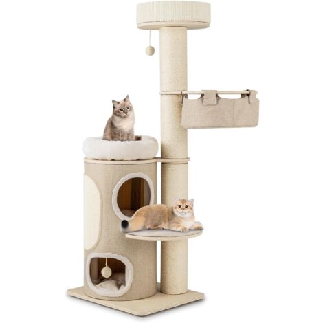Costway – Arbre à chat 154 cm – 2 plateformes – 2 pompons suspendus en sisal – Coussin amovible – Tapis en sisal naturel – Pour intérieur (1/5)