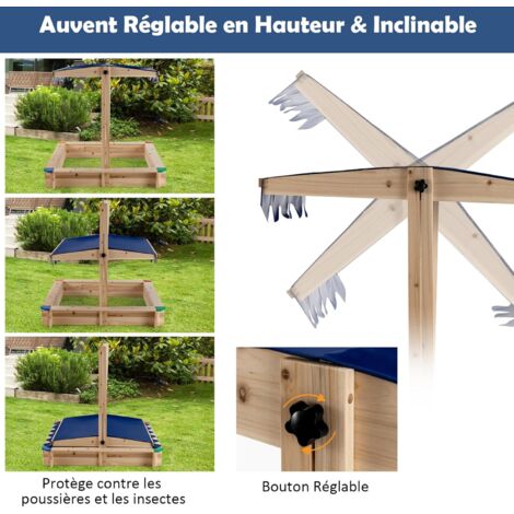 Bac à Sable En Bois Avec Toit Réglable COSTWAY - 121x121x120cm - Sans Fond - Pour Enfants 3 Ans Et Plus - Extérieur