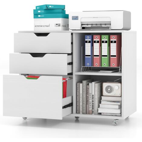Costway – Caisson de bureau à roulettes 3 tiroirs – Étagère réglable 5 positions – Rangement dossiers A4 et lettre – 5 roues avec freins – 81 x 40 x 66,5 cm (blanc)