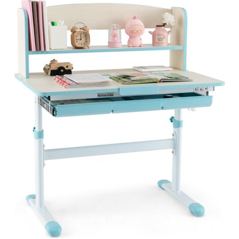 COSTWAY Bureau Enfants avec Réglable en Hauteur (50,5-73 cm) & Plateau Inclinable(0-60°), Table d'Étude avec Étagère & Tiroir & Règle, Charge 100kg pour Enfants de 3-12 Ans (Bleu)