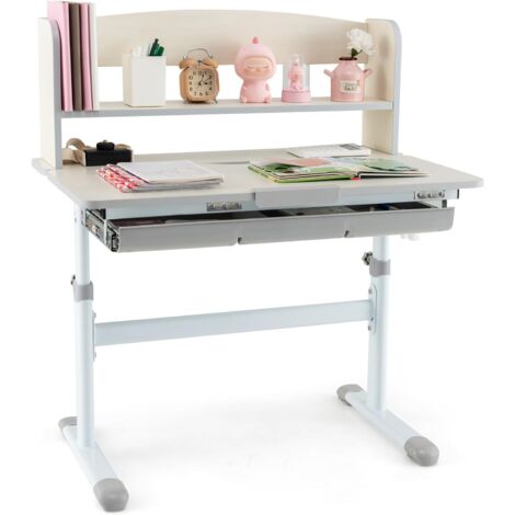COSTWAY Bureau Enfants avec Réglable en Hauteur (50,5-73 cm) & Plateau Inclinable(0-60°), Table d'Étude avec Étagère & Tiroir & Règle, Charge 100kg pour Enfants de 3-12 Ans (Gris)