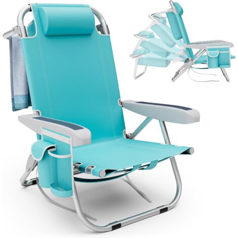 COSTWAY Chaise de Longue Pliante, Transat Jardin Extérieur, 5 Positions Réglable, Porte-Gobelet, Chaise de Plage, Poches de Rangement, Bain de Soleil, 66 x 65 x 78 cm, Capacité 150 kg, Bleu
