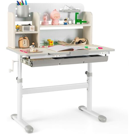 COSTWAY Bureau Enfants avec Réglable en Hauteur (50,5-73 cm) & Plateau Inclinable(0-60°), Table d'Étude avec Étagère & Tiroir & Règle, Charge 100kg pour Enfants de 3-12 Ans (Gris)