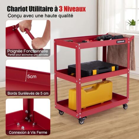 Chariot à Outils Roulant à 3 Niveaux Charge 120 Kg Avec Poignée, 73 X