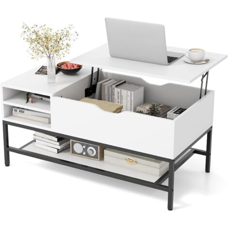 Costway – Table basse relevable blanche – Mécanisme à vérins à gaz – Rangement ouvert et compartiment caché – Cadre en métal robuste – 100 x 49,5 x 61 cm (1/5)