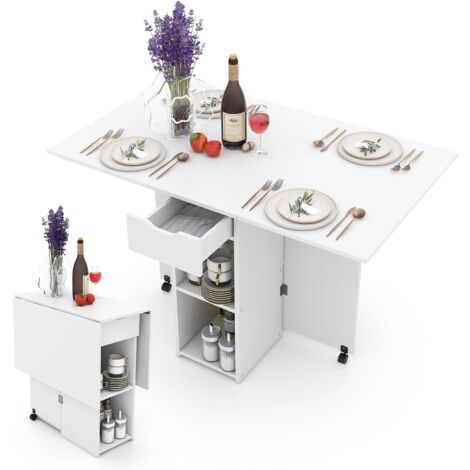 Costway – Table pliante extensible 120x72 cm – 1 tiroir et 2 étagères – Gain de place pour 4 personnes – Idéale pour petits espaces – Bois d'ingénierie blanc
