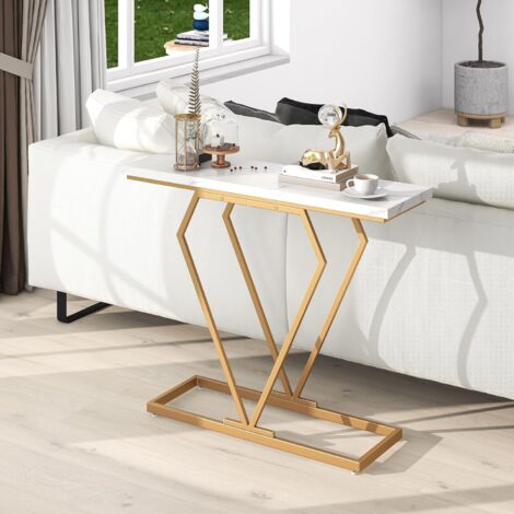 Table Console Design Géométrique COSTWAY – Plateau Marbre Imité Blanc, Cadre Métal W, Pour Entrée Ou Derrière Canapé