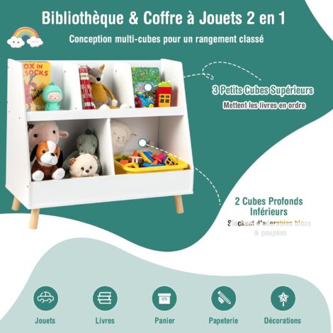 Bibliothèque Enfant 5 Cubes En Bois Blanc - 80x35x71 Cm, Rangement Jouets Et Livres, Avec Kit Anti-basculement - 6