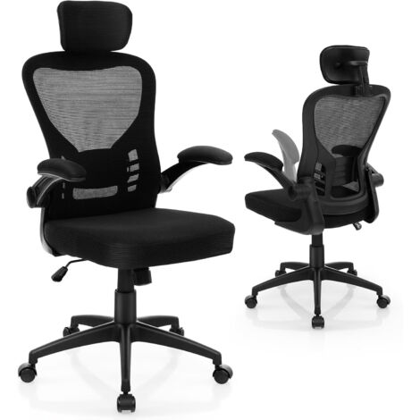 COSTWAY Chaise de Bureau Ergonomique en Maille, Chaise Pivotante avec Support Lombaire et Appuie-tête Ajustable, Dossier Basculant, Chaise d’Ordinateur avec Accoudoirs Rabattables, Noir (1/5)