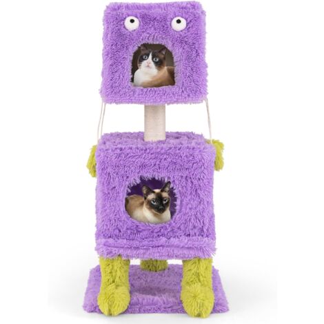 COSTWAY Arbre à Chat Design 111 cm, Tour pour Chat en Forme de Monstre, 3 Étages, 2 Condos avec Toit Amovible, Poteaux à Griffer en Sisal, Grand Arbre à Chat Intérieur, Jouets Suspendus, Violet (1/5)