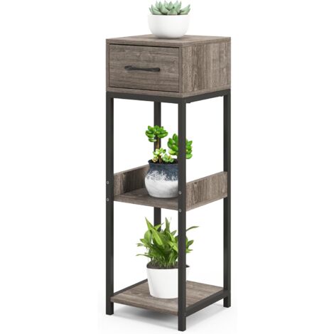 COSTWAY Supports de Plantes en Métal à 3 Niveaux, Porte-Plantes Carré avec 1 Tiroir Kits Anti-basculement, Organisateur d'angle de Pots de Fleurs pour Balcon Salon Bureau, Gris + Noir
