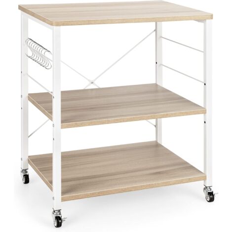 Costway – Desserte de cuisine sur roulettes – 3 niveaux avec 10 crochets amovibles – Structure en acier – Étagère réglable pour micro-ondes