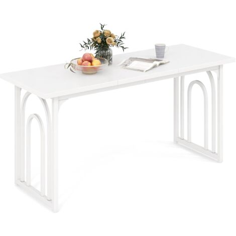 Costway – Table salle à manger extensible 160 cm – Métal revêtu – 6-8 personnes – Design blanc élégant – Patins ajustables pour stabilité (1/5)