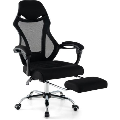 Costway – Chaise de bureau ergonomique en maille – Dossier inclinable 90°-135° – Repose-pieds rétractable – Appui-tête et accoudoirs réglables – Noir