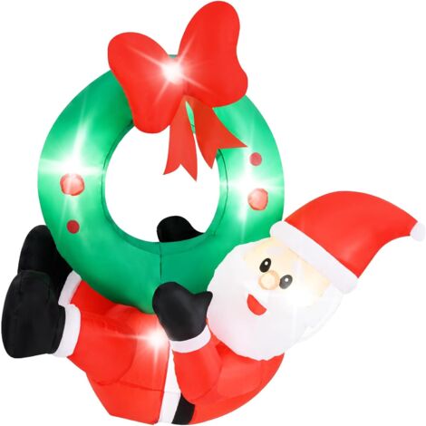 COSTWAY Couronne Gonflable avec Père Noël de 120 cm, Couronne Illuminé avec Nœud Rouge 5 Lumières LED, Décoration de Fenêtre avec 2 Cordes de Suspension pour Maison Cour (1/5)