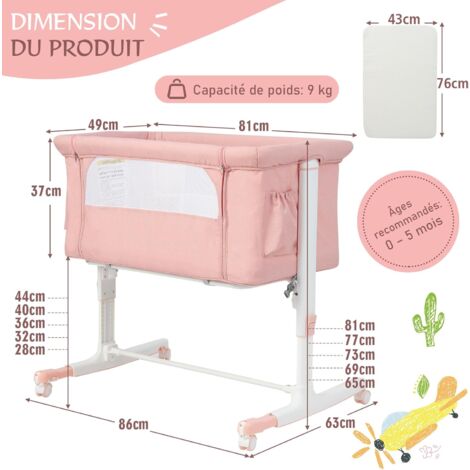 OHMG 3 en 1 Lit Cododo Bébé avec Matelas & 6 Hauteur Réglable,Berceau évolutif,Lit Bébé Evolutif avec Inclinaison & 2 Sangles, Roues avec Frein, Sac de Transport, Charge 9kg (Blanc cassé