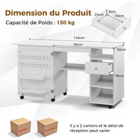 Table De Couture Pliante HOMCOM Avec Rangements – 2 Portes Magnétiques, 4 Bacs, 20 Crochets, Idéale Pour Machine à Coudre