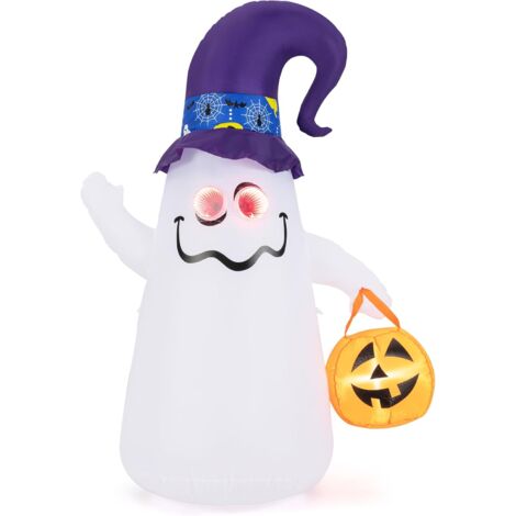 COSTWAY Décoration d’Halloween Gonflable 180 cm, Fantôme Mignon avec Lanterne Citrouille, Chapeau de Sorcier, 5 Lumières LED à Intensité Variable, Décoration d'halloween pour Intérieur, Jardin (1/5)