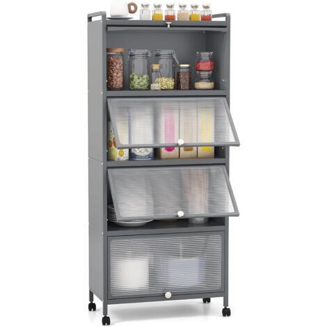 COSTWAY Armoire Cuisine 5 Niveaux, Étagère Cuisine 4 Portes PC Escamotables avec 4 roulettes, Étagère Micro-Ondes pour Salle à Manger, Salon, 60 x 32 x 154 cm, Noir (Gris) (1/5)