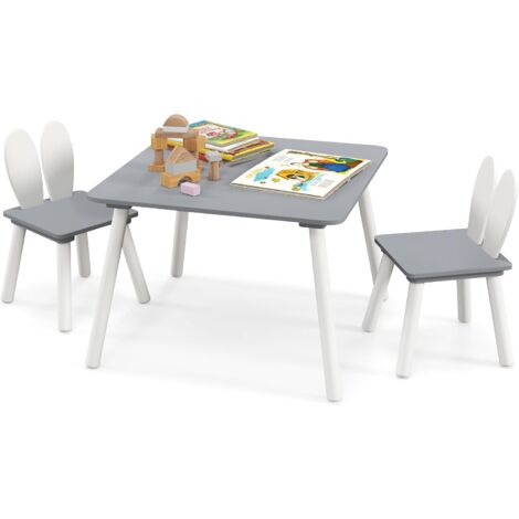 COSTWAY Table Enfant avec 2 Chaises en Forme Lapin, Table et Chaises en Bois avec Plateau Spacieux, Structure Stable, Bureau pour Jouer Manger, Charge 40kg pour Enfant de 3-6 Ans (Gris)