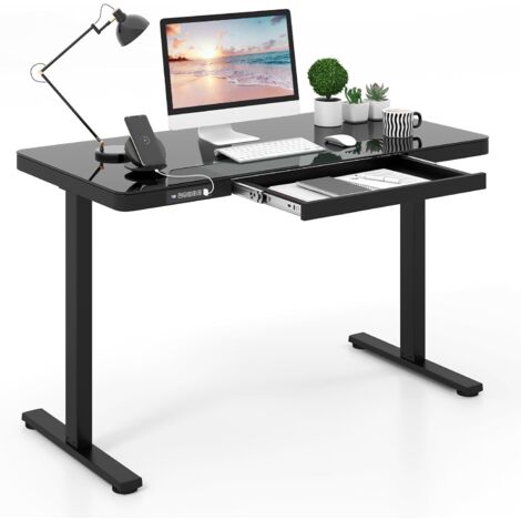 Costway – Bureau assis debout électrique 120 x 60 cm – Plateau en verre trempé inscriptible – Réglable 73-118 cm – Tiroir de rangement – Ports USB-A et Type-C (1/5)