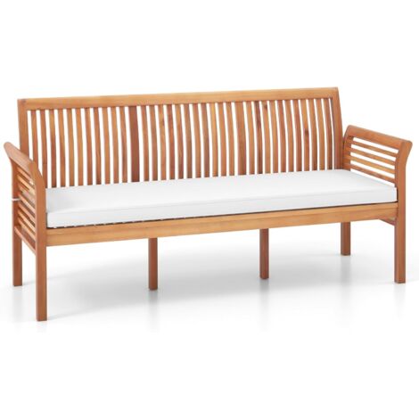 COSTWAY Banc Exterieur Jardin 159 Cm, Banc Bois Acacia avec Coussin, Banquette Exterieure 3 Personnes, Banc de Jardin avec Dossier, Accoudoirs, Design Latte