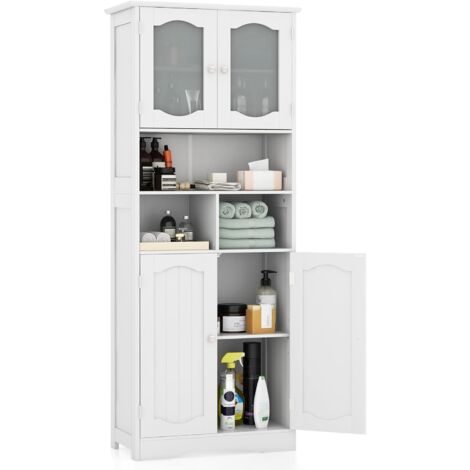 Costway – Armoire murale de salle de bain 30 x 60 x 148,5 cm – 4 portes en verre trempé – 3 compartiments ouverts – MDF blanc imperméable (1/5)