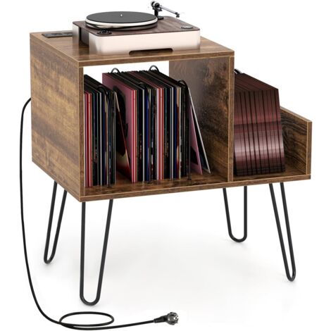 Costway – Meuble tourne-disque vinyle avec station de charge – Rangement pour 145 albums – 2 ports USB – 4 pieds amovibles – Brun rustique