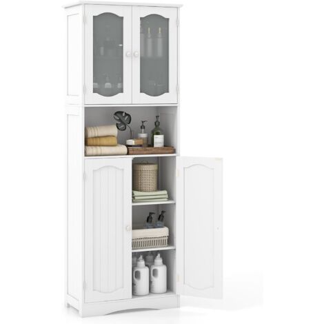 COSTWAY Meuble de Salle de Bain à 4 Portes et 1 Grand Compartiment Ouverte, Armoire Haute avec Porte en Verre Dépoli, Colonne Salle de Bain, pour Salon, Cuisine, 30 x 60 x 164 cm, Blanc