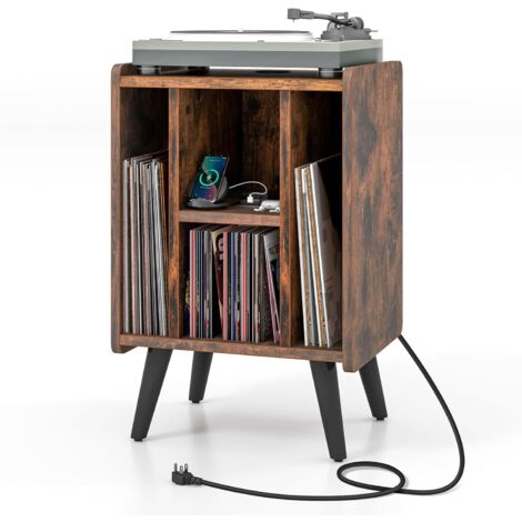 Costway – Table d’appoint avec station de charge – 2 prises, 1 USB charge rapide, 1 Type-C – Pieds en métal – Meuble tourne-disque vinyle marron rustique (1/5)