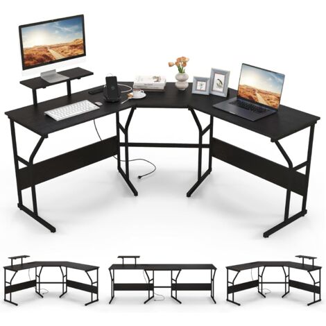 Costway – Bureau d'angle en L 225 cm pour 2 personnes – Support d'écran amovible – Multiprise intégrée – Cadre métal robuste – Noir
