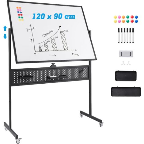 COSTWAY Tableau Blanc Effacable sur Pied 120 x 90 cm, Double Face, Tableau Blanc Roulette, 2 Hauteur Réglables, Cadre en Métal, Panneau Perforé, 12 Aimants, Grand Tableau Blanc Magnetique (Noir)