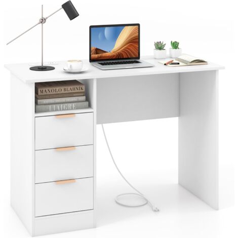 Costway – Bureau droit blanc avec rangement – Station de charge intégrée, 3 tiroirs, étagère ouverte – Dimensions 108x48x76cm – Supporte jusqu'à 135kg (1/5)