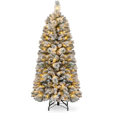 COSTWAY Sapin de Noël Floqué de 150 cm, Arbre de Noël avec Aiguilles de Pin, 378 Pointes de Branches, 130 Lumières LED Blanc Chaud, Section Pliable, Support en Métal, Décoration de Noël (1/5)