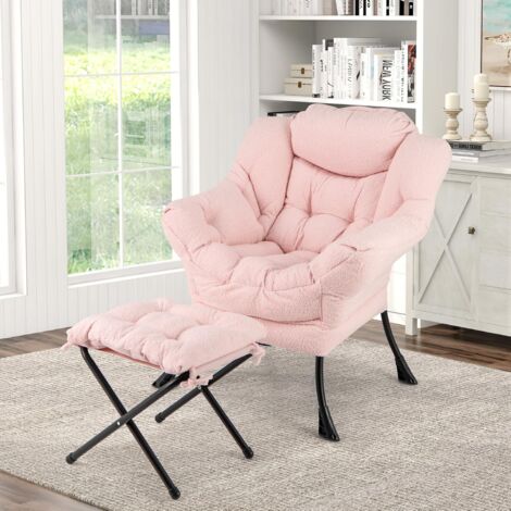 Costway – Fauteuil relax en sherpa avec repose-pieds – Coussin de tête doux – Base en métal antirouille – Poche latérale pratique – Capacité 150 kg (rose)