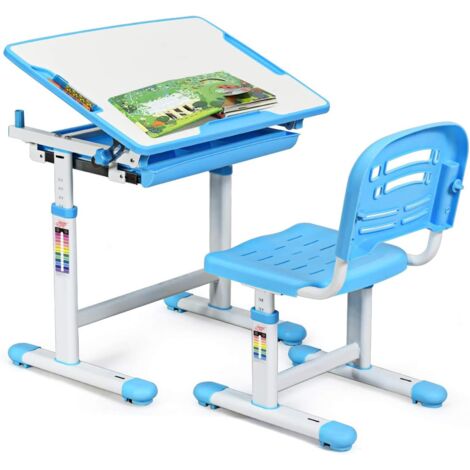 Costway – Table enfant inclinable réglable en hauteur 76-84 cm – Chaise ajustable 30-44 cm – Tiroir de rangement intégré – Fer et PP (1/5)