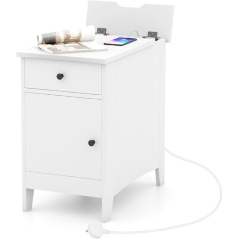 COSTWAY Table d'Appoint avec Prise, Bout de Canape avec Tiroir, 2 Prises, 1 Port USB, 1 Port Type-C, Petite Table Basse Etroite 60 CM pour Petit Espace, Armoire, Porte-Revues (Blanc) (1/5)