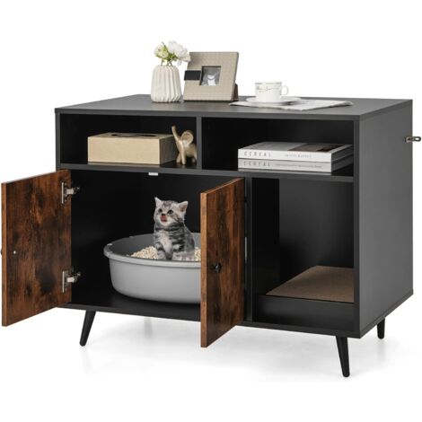 Costway – Meuble litière pour chat avec griffoir intégré – Dimensions 90x50x70cm – 2 étagères de rangement – Pieds métalliques anti-basculement (1/5)