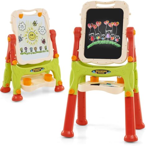 COSTWAY Tableau Enfant Double Face avec 2 Hauteur Réglable, Chevalet Enfant sur Pieds avec Plateau de Rangement & 2 Pots, Tableau Pivotant à 360° pour Tout-Petits de 3 Ans+ (Orange)